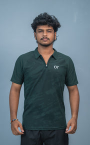 Mens Half Sleeve 07 Collar MILITARY Printed Round Neck Zipper T-Shirt - Bottle Green-T-Shirt-7 Man